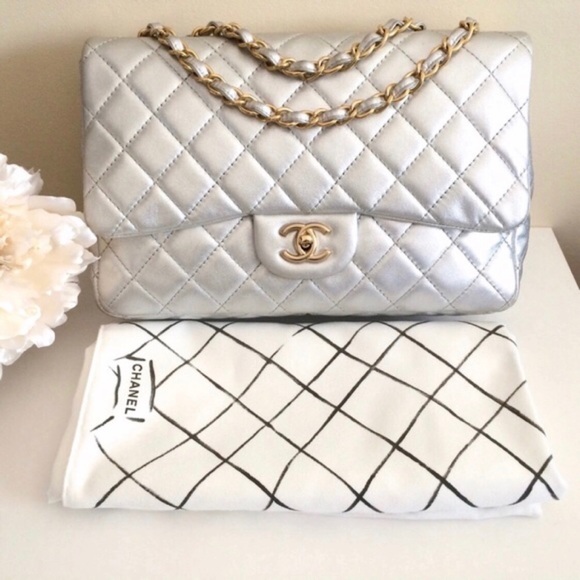CHANEL Handbags - CHANEL Silver Classic Jumbo Single Flap 2.55